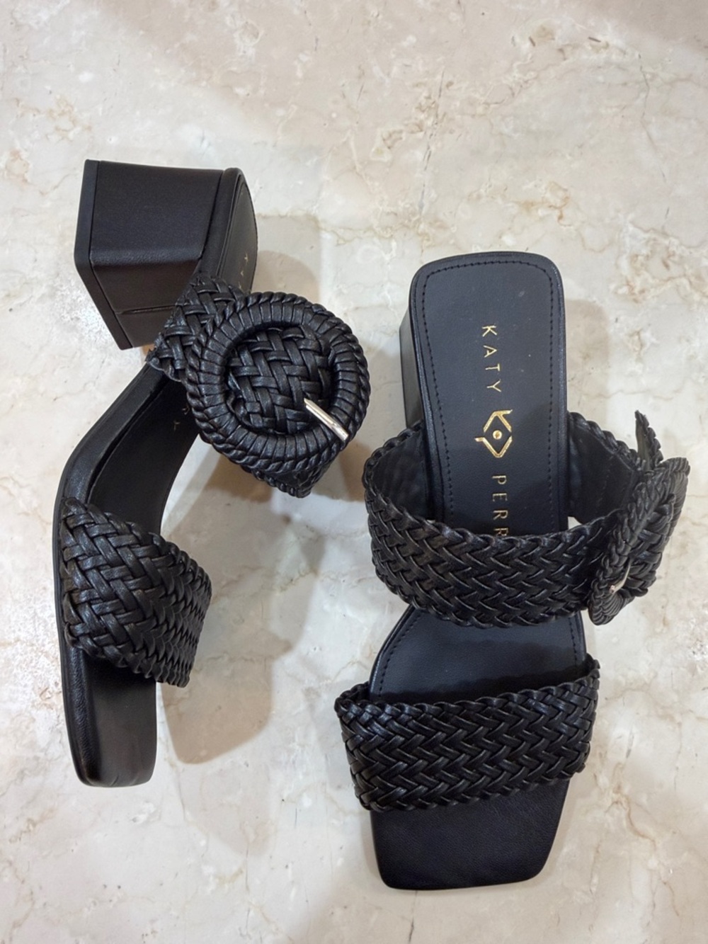 Katy Perry Collections Gemm Black Woven Block Heel Slide Sandals with Buckle